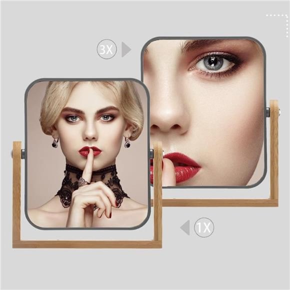2 Sided 3X Magnifying Makeup Mirror with Bamboo Stand,Small Desk Table Mirror - Picture 5 of 5